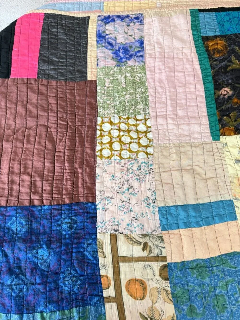 Vintage 1960s Strip Scrap 2-Sided Quilt Treadle Sewing Machine Quilted 80x72